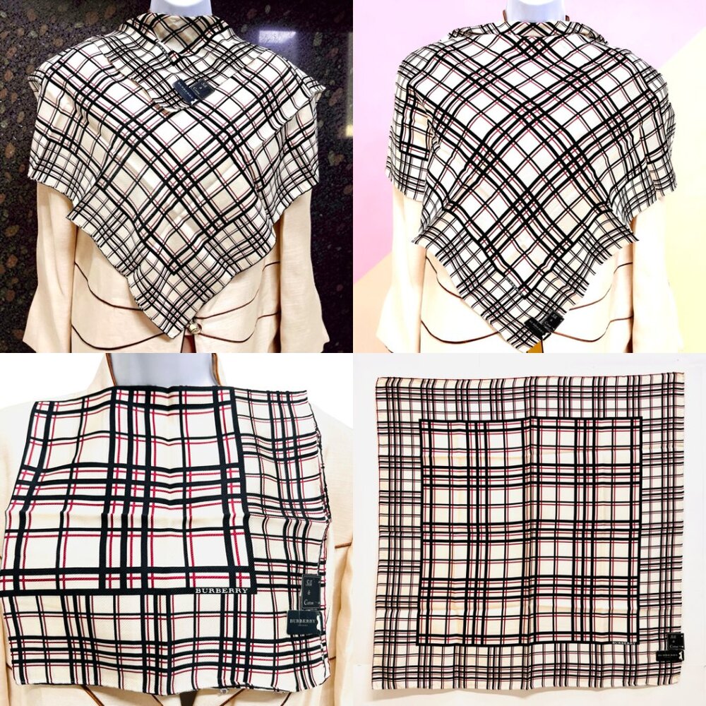 New Tag Men/Women   Burberry  Bandana /MiniScarf 23" Silk Cotton Ivery Blk(9